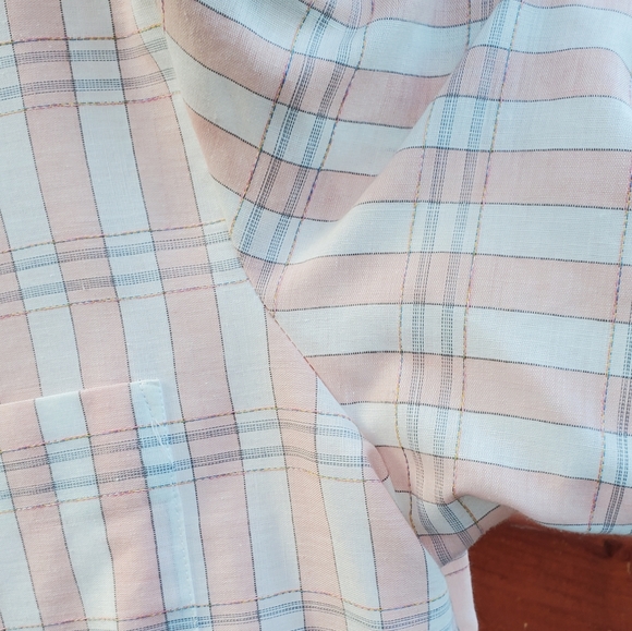 Triumph Men's XL short sleeve button up. Vintage. USA. Used. Pink/White plaid. - Picture 6 of 16